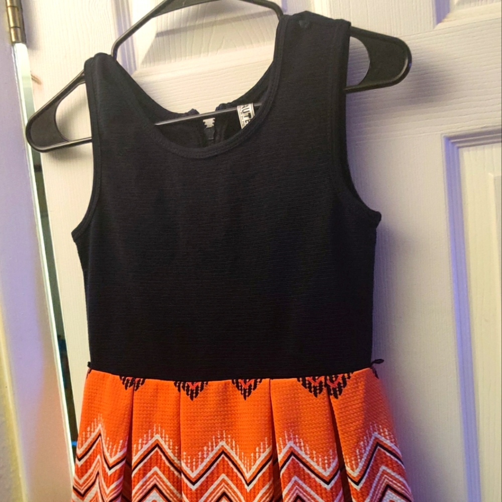Girls Size 10 beautees Pattern Black/White/Orange/Blue Dress